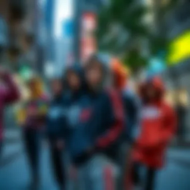 Group of young individuals showcasing adidas Spider Man 2 collection in a vibrant urban setting