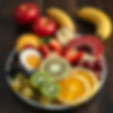 A balanced plate featuring fruits and other food groups, illustrating a balanced diet.