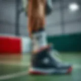Child wearing basketball shoes on the court
