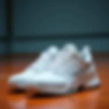 A sleek pair of white volleyball shoes showcasing their modern design.