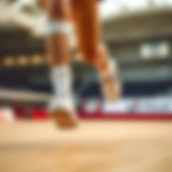 A volleyball player wearing white shoes in action during a match.