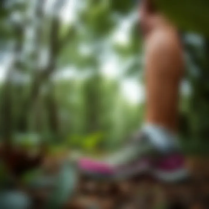 Woman Hiking in Columbia Outdoor Shoes in Lush Green Forest Woman hiking in Columbia outdoor shoes in lush green forest