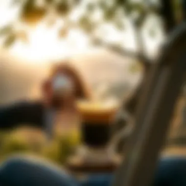 A serene morning scene with a person enjoying filter coffee outdoors in nature.