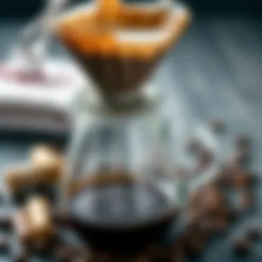 A beautifully arranged coffee filter setup with ground coffee and boiling water.