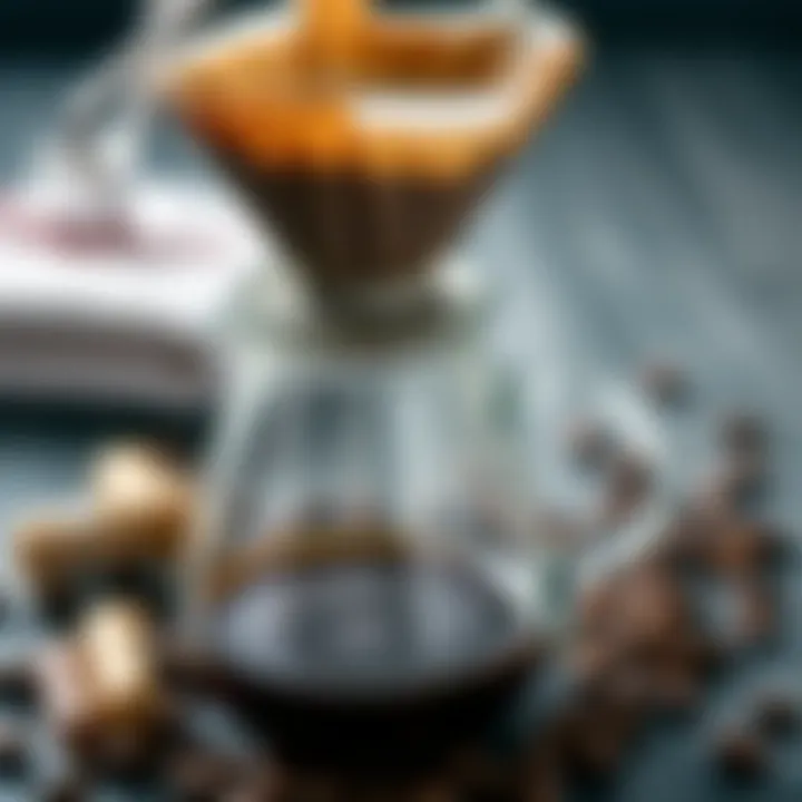 A beautifully arranged coffee filter setup with ground coffee and boiling water.