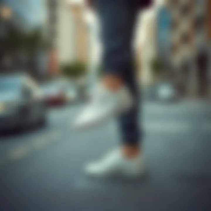 Casual sporty style with cream Vans in an urban setting