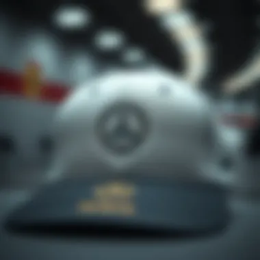 Close-up view of a Mercedes F1 cap showcasing intricate design details