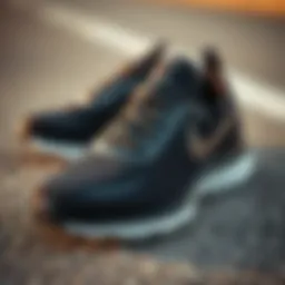 Sleek design of Nike black running shoes on a textured surface