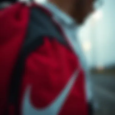 Close-up of Nike red backpack detailing and materials