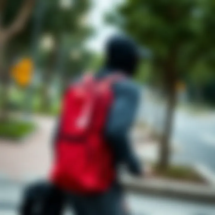Dynamic lifestyle shot with Nike red backpack in use
