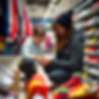 A parent helping a child choose the right soccer cleats in a sporting goods store