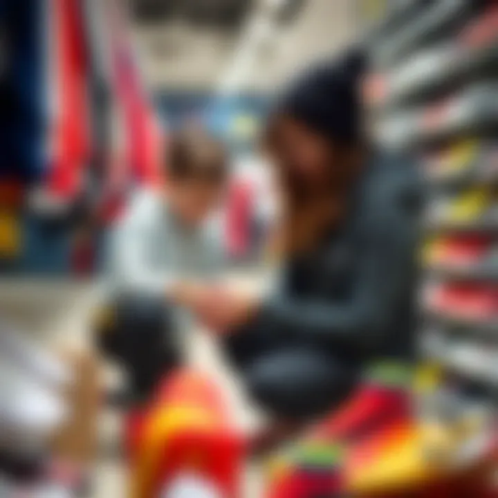 A parent helping a child choose the right soccer cleats in a sporting goods store