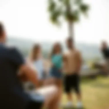 An outdoor scene depicting a group of friends enjoying a casual day out in long-legged shorts.