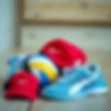 Trendy volleyball gear arranged artistically on a wooden surface