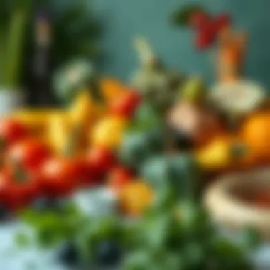 Variety of fruits and vegetables arranged artistically